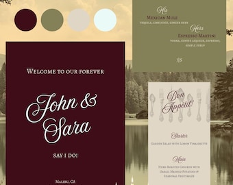 Plantilla de cartel de boda color borgoña y olivo / Menú editable (Descarga digital)