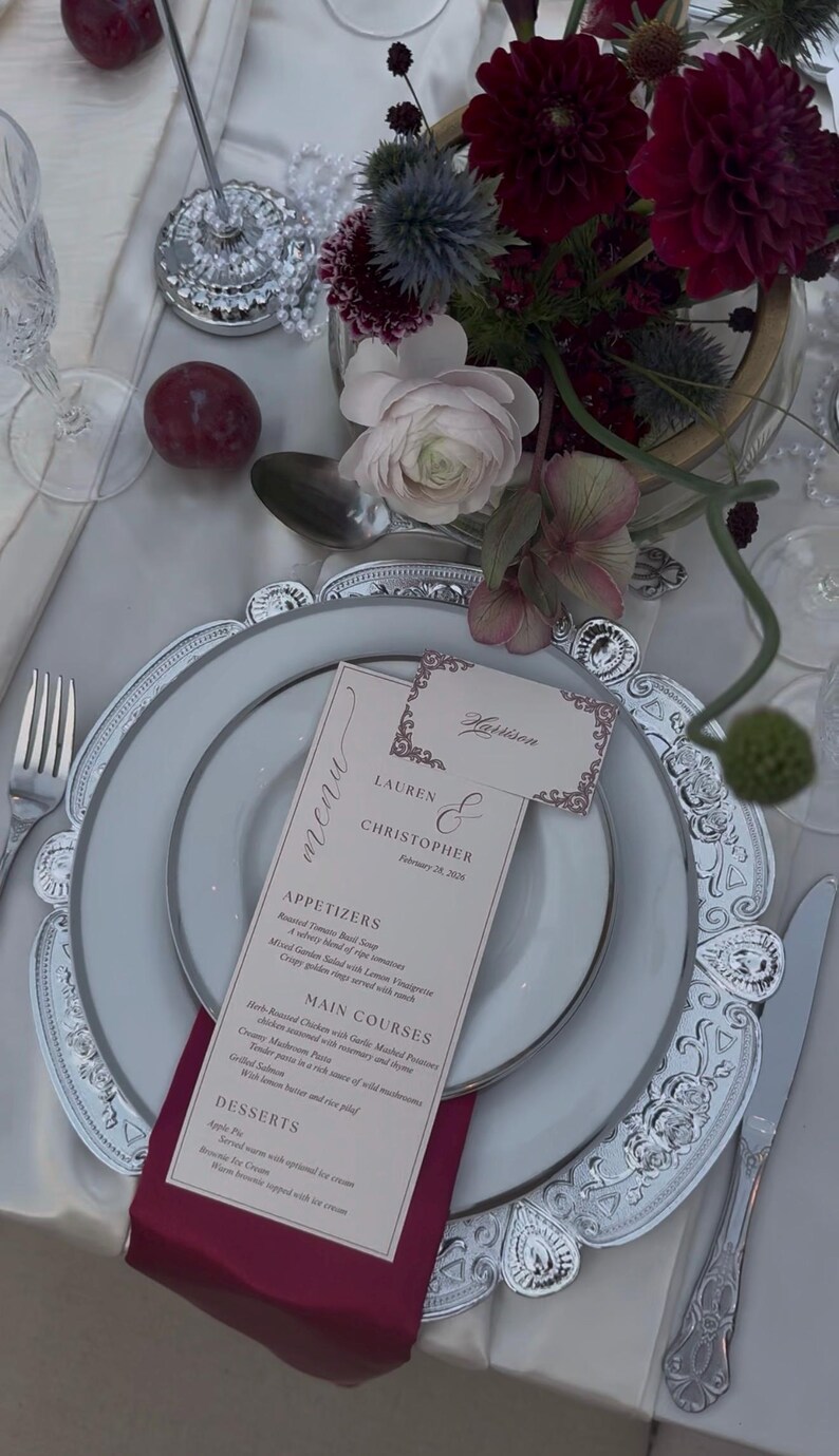 Custom Wedding Menu & Place Card Set | Printed Cardstock | Elegant ...