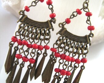 VINTAGE BRASS GYPSY Earrings with Red Beads and Dangles