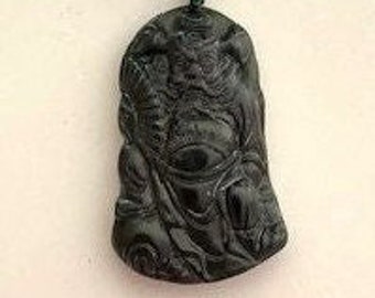 BLACK GREEN JADE Antique Amulet Pendant of the Ghost-Buster on Black Obsidian Beads Necklace