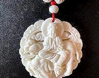 WHITE KUAN YIN "Rare" Pendant on White Calcite Beads Necklace
