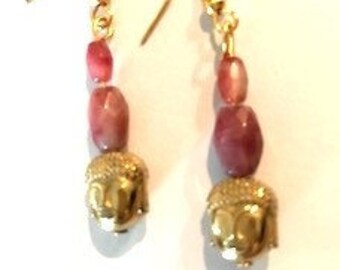 RHODONITE and BRASS Buddha Dangle EARRINGS