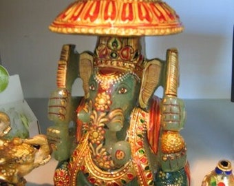 GANESHA Green JADE  Handpainted Highlights in GOLD Red and Green laquer