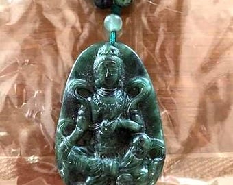 KUAN YIN Green-Black Old JADE Pendant on Ruby/Zoisite Bead Necklace