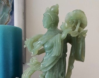KUAN YIN Pale Green JADE Hand Carved Large Statue