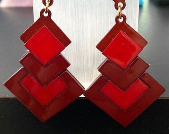 RED EARRINGS GEOMETRIC Style Art Deco Simile for Pierced Ears