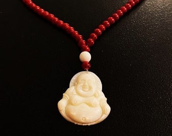 BUDDHA Mother of Pearl HAND CARVED on Red Glass Beads Necklace