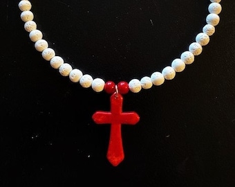 RED CORAL CROSS on a Strand of White Calcite Unusual Round Beads Necklace