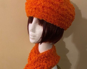 ORANGE CHENILLE Hat and Scarf SET - Winter Warmth