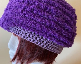 PURPLE CHENILLE BERET Hand Knitted with Contrast Crocheted Purple Band