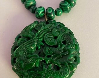 GREEN MALACHITE NECKLACE and Dragon & Phoenix Antique Amulet pendant