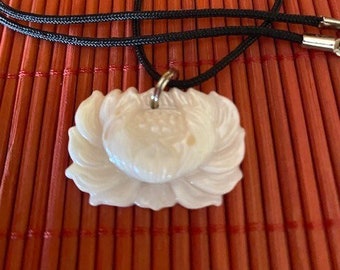 LOTUS FLOWER Hand-Carved in Mother of Pearl PENDANT on Black ...