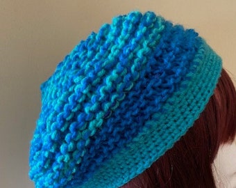 AQUA and BLUE Hand Knitted BERET Style Hat Pull On