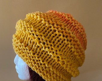 ORANGE and LEMON Hand KNITTED Warm Winter Pull On Hat