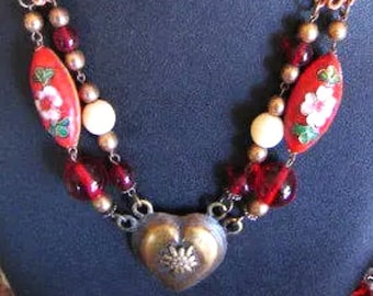 CLOISONNE RED and BRASS Necklace Hand-Made Original