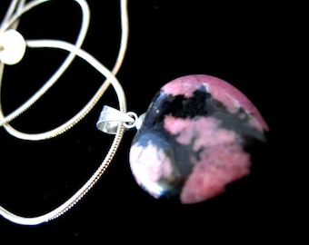 RHODOCHROSITE CRYSTAL HEART Pendant on Silver Snake Chain