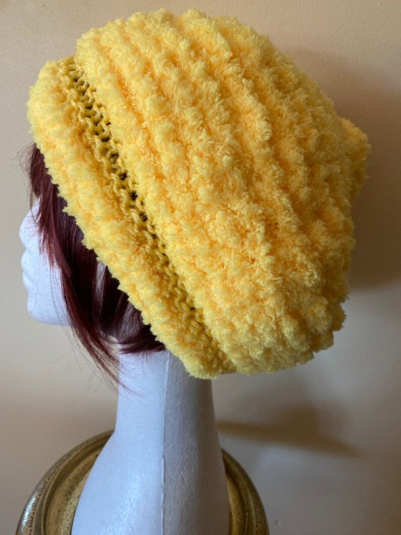 YELLOW Hand-Knitted BERET HAT Chenille Soft and Warm image 4