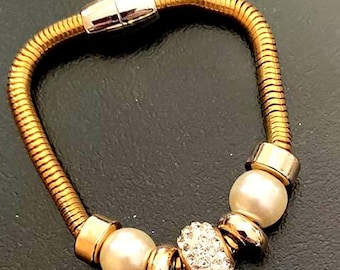 GOLD, DIAMETES and PEARLS Magnetic Clasp Bracelet