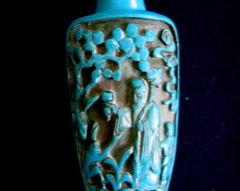 TURQUOISE Antique Snuff Bottle Hand carved with stopper