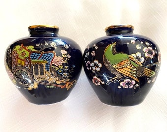 TWO VINTAGE Cobalt  BLUE Mini Vases Hand Painted Chinese by Different Artists