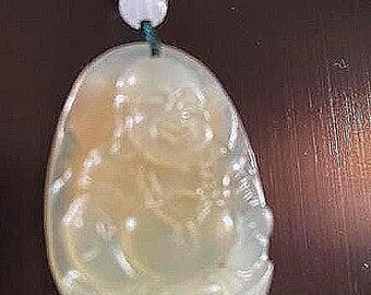 HAPPY BUDDHA Pale Green Vaseline JADE Buddha Amulet on 3 Stringed Casual Necklace