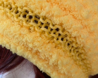 YELLOW Hand-Knitted BERET HAT Chenille - Soft and Warm