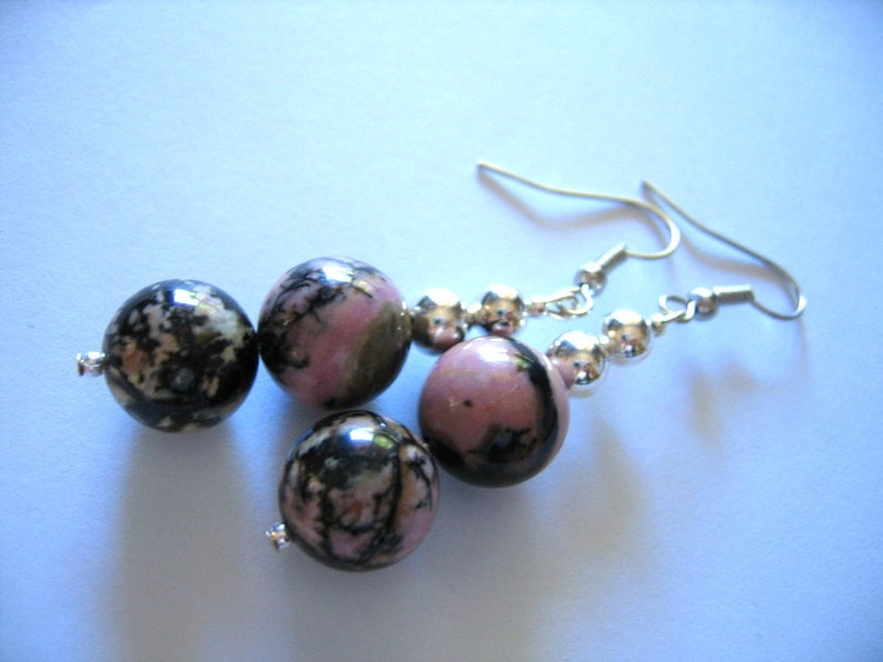 RHODOCHROSITE EARRINGS Double Drops with SILVER Beads image 5