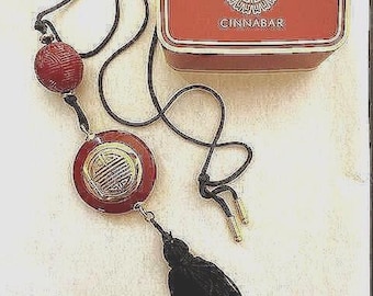 CINNABAR Perfume Holder Vintage ESTEE LAUDER  on Black Cord and Tassel