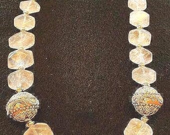 ROSE QUARTZ CHUNKY Pink Rough Cut Stone Necklace with Three Feature Beads Diamente Encrusted