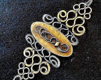 SILVER BRACELET Vintage Hand Beaten CUFF with Chain Loop Design