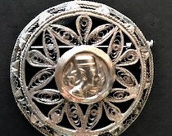 EGYPTIAN REVIVAL Silver NEFERTITI Filigree Brooch or Pendant
