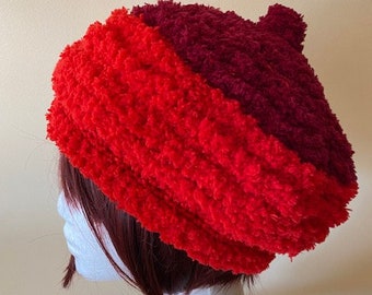 RED and BURGUNDY CHENILLE and Wool Hand Knitted Head Hugging Hat