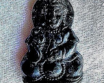 KUAN YIN Black-Green Jade AMULET on Ruby-Zoisite Necklace