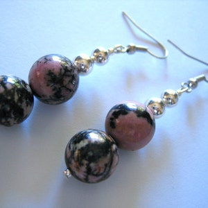 RHODOCHROSITE EARRINGS Double Drops with SILVER Beads image 2