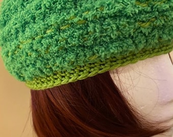 GREEN CHENILLE BERET with Crocheted Edge in Contrast Green Silk/Wool Yarn