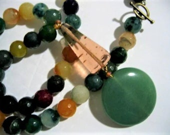 GREEN JADE Pendant Brass and Glass NECKLACE and Bracelet Set