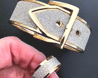 VINTAGE Cuff Buckle BRACELET in Gold and Brushed Diamente with Matching RING