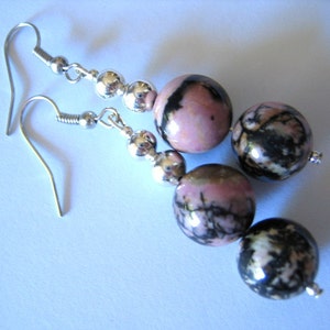 RHODOCHROSITE EARRINGS Double Drops with SILVER Beads image 1