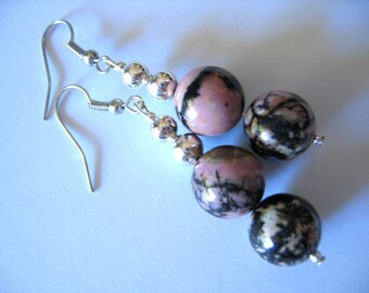 RHODOCHROSITE EARRINGS  Double Drops with SILVER Beads