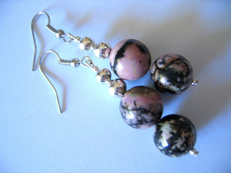 RHODOCHROSITE EARRINGS Double Drops with SILVER Beads image 1