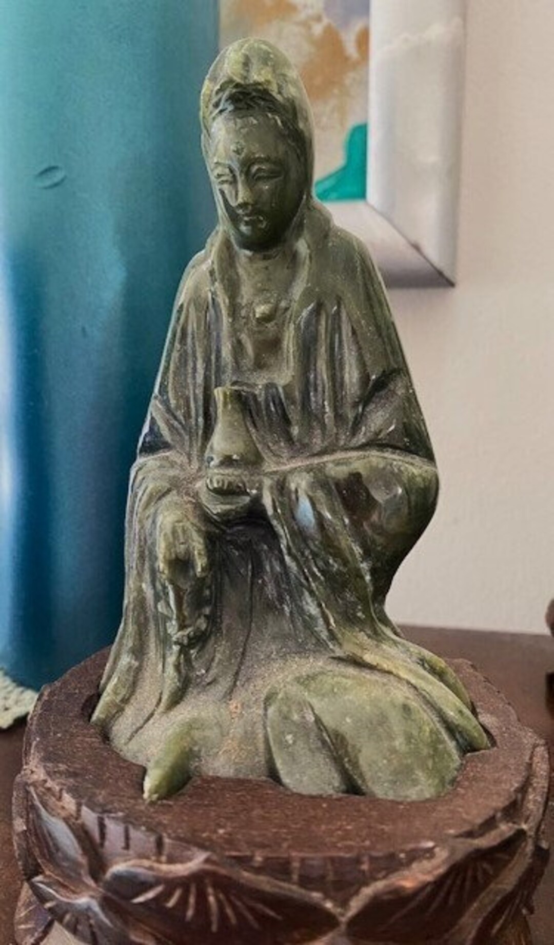KUAN YIN Antique Green JADE Statuette on Stand Etsy