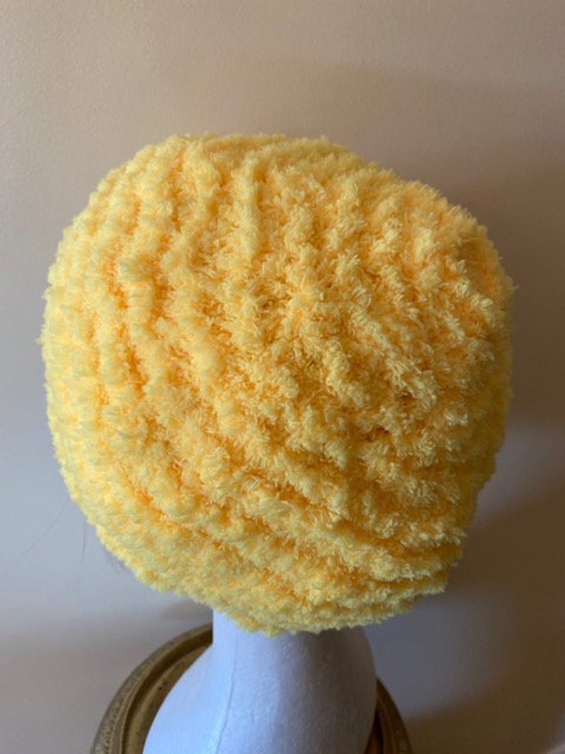 YELLOW Hand-Knitted BERET HAT Chenille Soft and Warm image 7