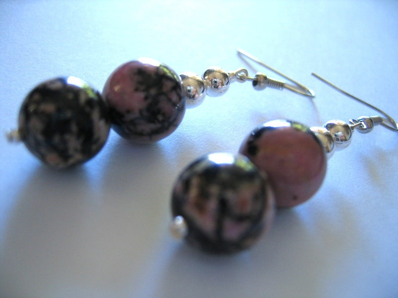 RHODOCHROSITE EARRINGS Double Drops with SILVER Beads image 3