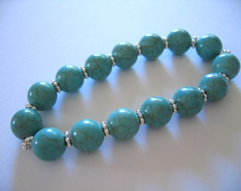 TURQUOISE Stretch BRACELET Round Beads with SILVER spacers