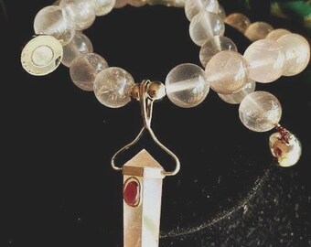 Rose Quartz Point Necklace: Sterling Silver Pendant, Garnet Cabochon