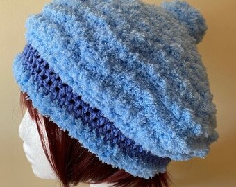 PALE BLUE HAT Hand Knitted and Crocheted Band Lightweight and Warm