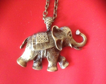 ELEPHANT BRONZE PENDANT on Chain Necklace with Crystal on Tusk