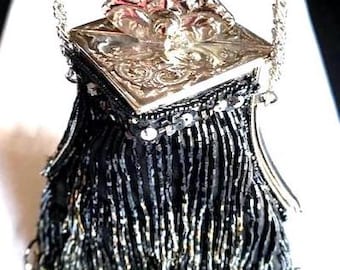 SILVER and BLACK EVENING Bag Lots of Hanging Sparkles