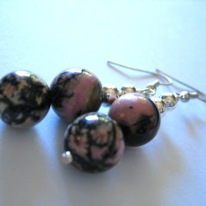 RHODOCHROSITE EARRINGS Double Drops with SILVER Beads image 4