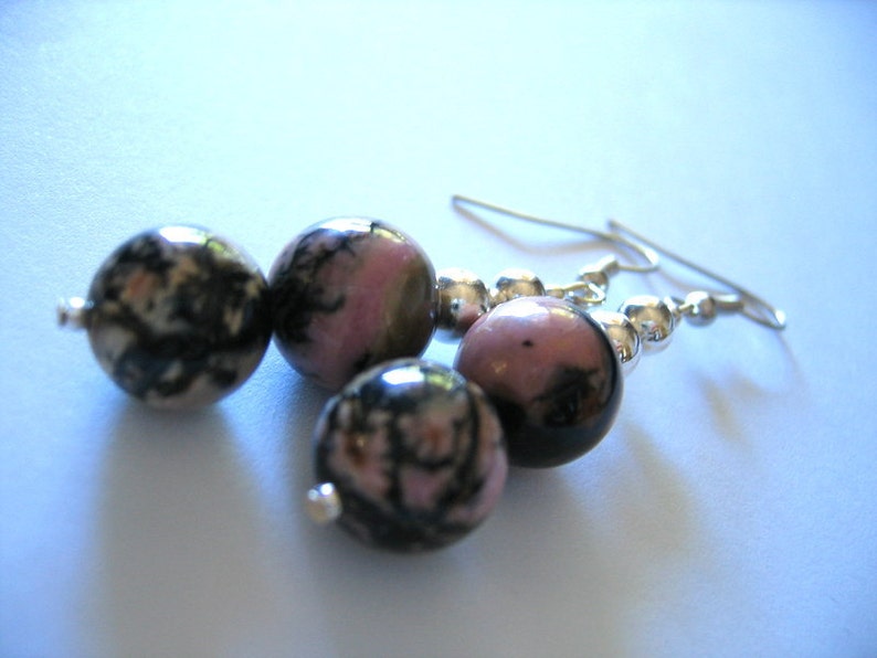 RHODOCHROSITE EARRINGS Double Drops with SILVER Beads image 4